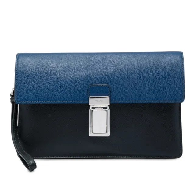 Black Prada Bicolor Saffiano Push Lock Clutch in Black Saffiano leather from Designer Revival