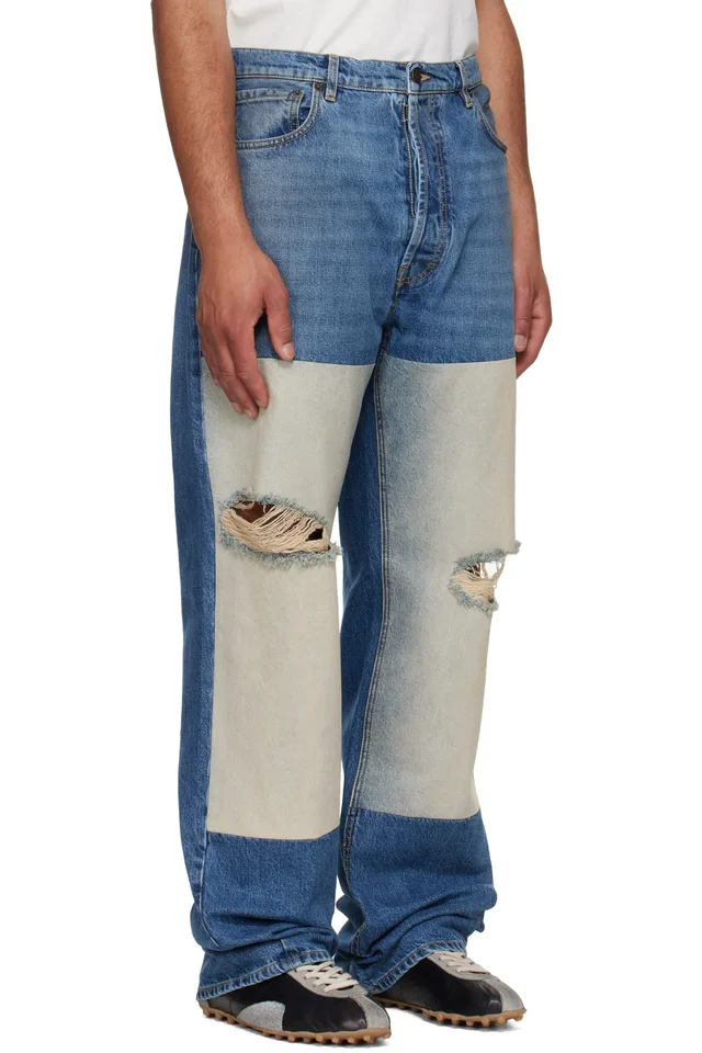 Maison Margiela Blue Patched Panel Straight Jeans, photo 2 of 4 from SSENSE