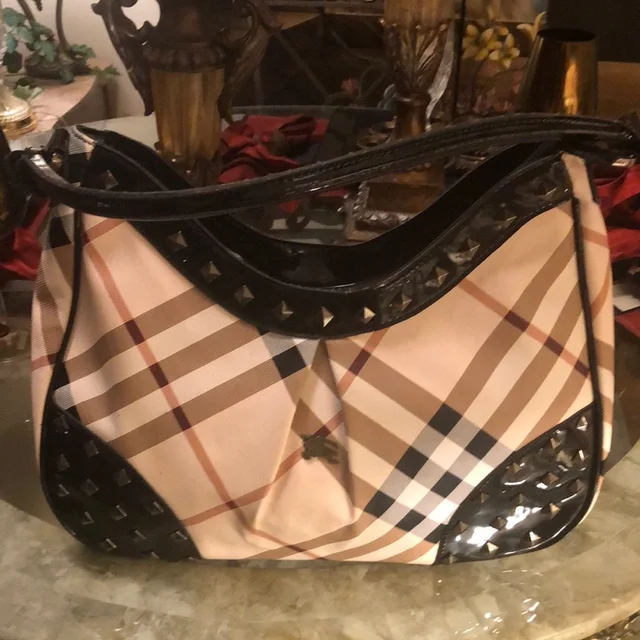 Burberry Tan And Black Shoulder Bag With Plaid Pattern And Patent Leather Trim in black|brown|neutral Patent leather from Poshmark, photo 1 of 1