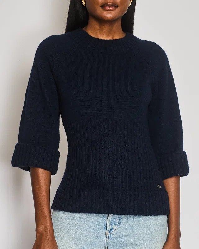 Chanel Fall 2013 Navy Cashmere Jumper with Cuffed Sleeves and Navy and Silver Globe CC Logo Button… in Navy Cashmere from Sellier