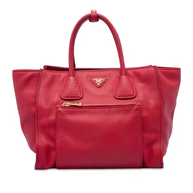 Red Prada Vitello Daino Front Pocket Open Convertible Tote Satchel in Red Leather from Designer Revival
