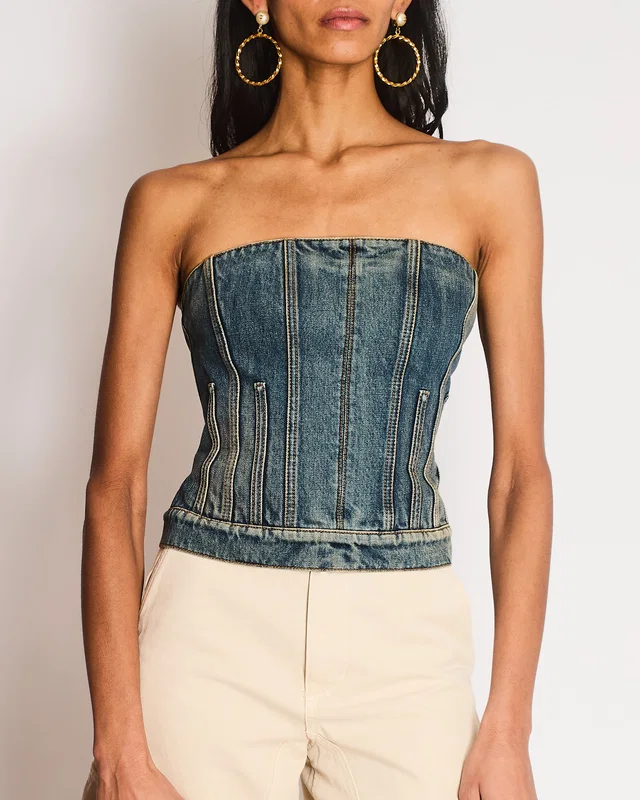 Alexander McQueen Strapless Blue Denim Corset Bustier Top Size IT 42 (UK 10) in Blue Denim from Sellier
