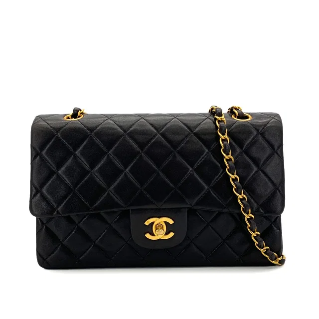 Chanel Vintage Classic Flap Medium Chain Shoulder Bag Black Lamb Skin Gold Hardware in Black Leather from Luxury Promise