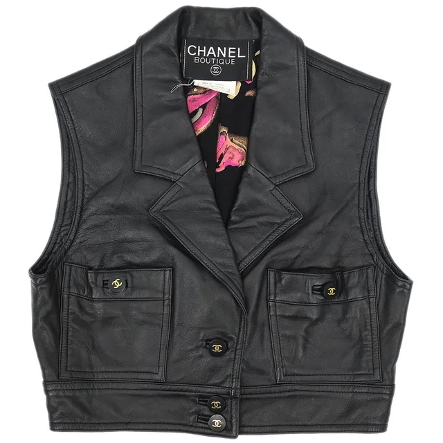 Chanel 1995 Sleeveless Single Breasted Jacket Black #38 in Black Lambskin from AMORE Vintage Tokyo