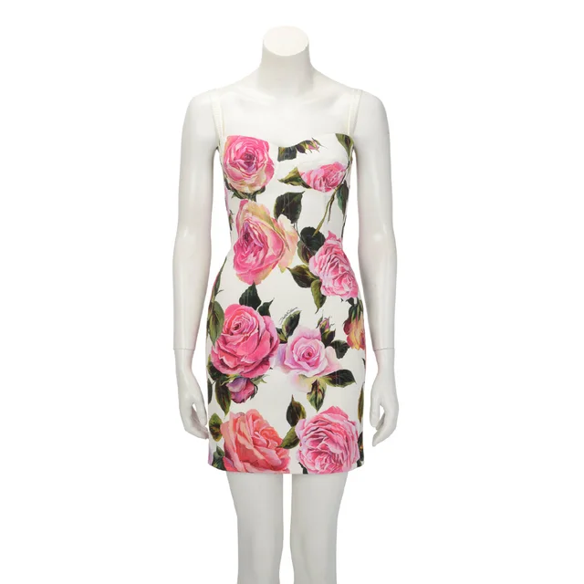 Dolce & Gabbana Rose Print Mini Dress IT 40 in White Silk from Blue Spinach