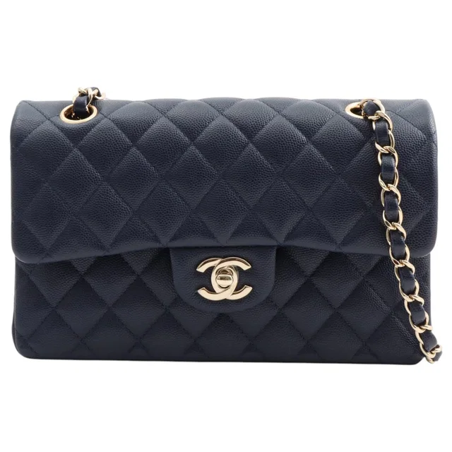 Chanel 2021 Caviar Leather Matelasse Stitch CC Turn-Lock Chain Shoulder Bag Navy in Navy Caviar leather from VINTAGE QOO TOKYO