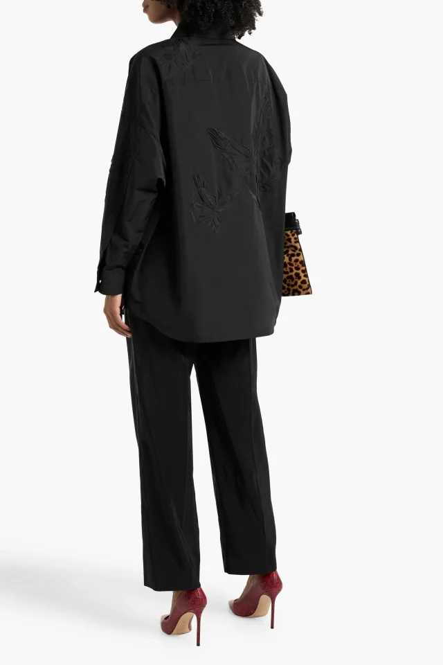 Valentino Garavani Appliquéd Cotton-Blend Faille Shirt Jacket in Black, photo 3 of 8 from THE OUTNET