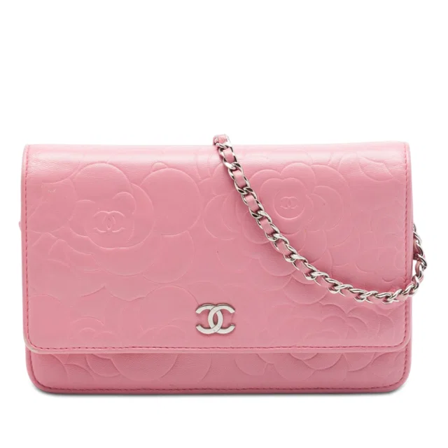 Pink Chanel CC Embossed Lambskin Camellia Wallet On Chain Crossbody Bag in Pink Lambskin from Designer Revival