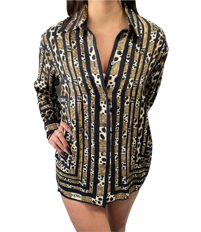 Fendi Vintage Big FF Zucca Logo Silk Shirt Top Leopard Brown Black Silk Rank AB in Black Silk from Luxury Promise
