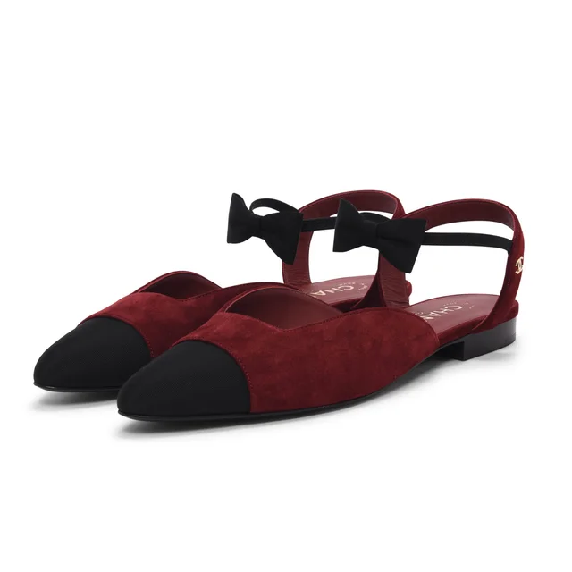 Chanel Ankle Bow Slingback Flats 40 in Burgundy Suede from Blue Spinach