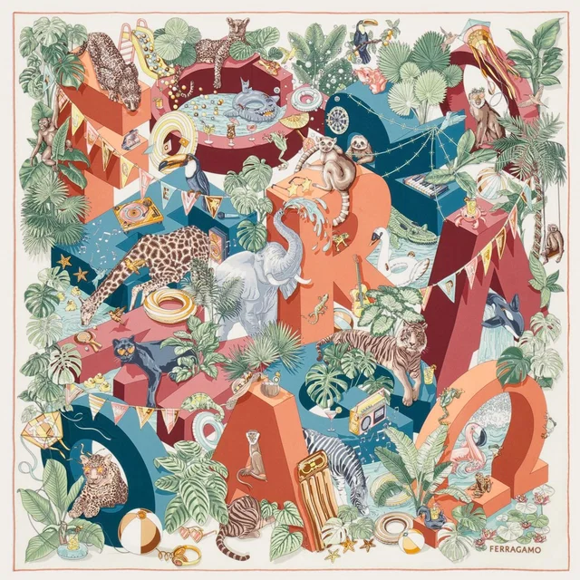 Ferragamo Jungle Party Silk Scarf — Multicolor Scarfs in Multicolor Silk from HEWI