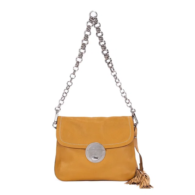 Prada CC Logo Fringe Chain Shoulder Beige Vitello Daino Messenger Bag in Beige from The Reluxe