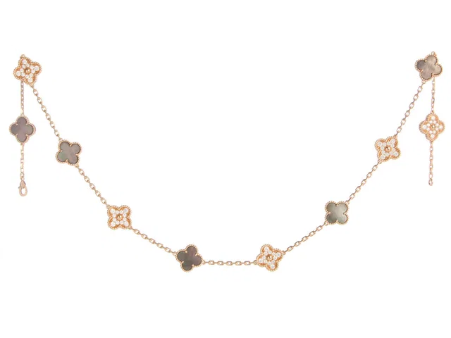 Van Cleef & Arpels 18K Rose Gold Diamond and Gray MOP Vintage Alhambra 50th Anniversary Necklace in Pink from Ann's Fabulous Finds