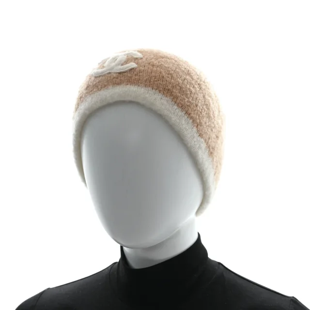 Chanel Cashmere Silk CC Beanie Hat Beige White in White Silk from FASHIONPHILE, photo 2 of 5