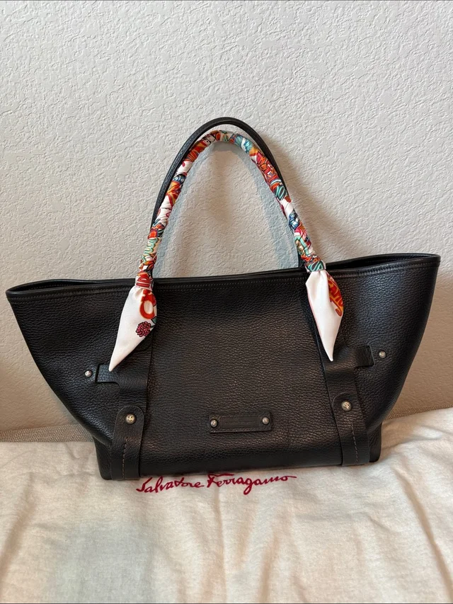 Ferragamo Tote With Multicolor Scarf-Wrapped Handles in black Leather from Poshmark