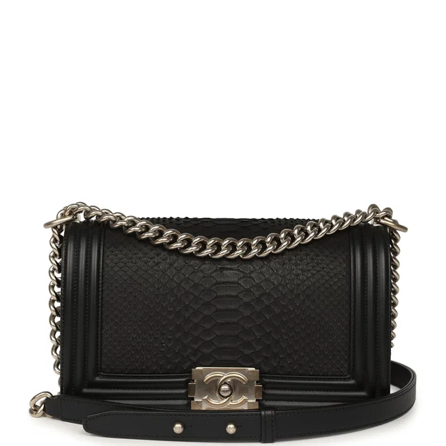 Chanel Boy Bag Black Python, Calfskin Matte Silver Hardware in Black Calfskin from Madison Avenue Couture