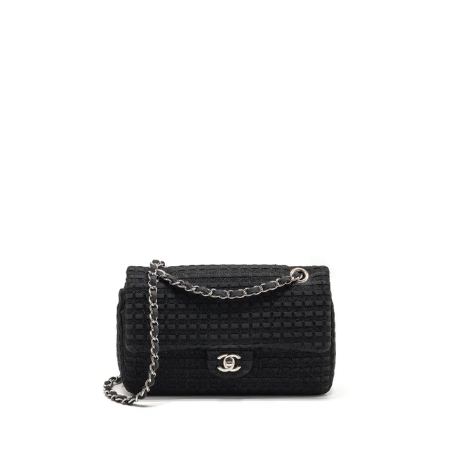 Chanel Medium Classic double flap bag tweed black SHW in Black Tweed from EMIER