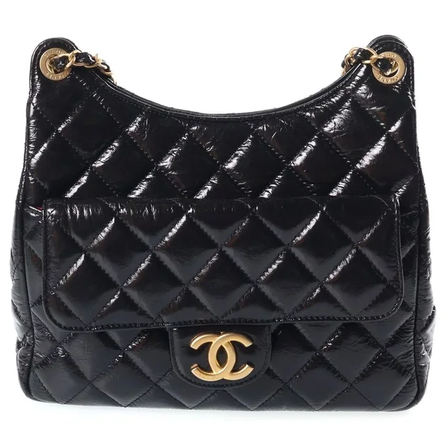 Chanel Hobo Quilted Chain Shoulder Bag Black Shiny Calfskin Gold in Black Calfskin from The Reluxe