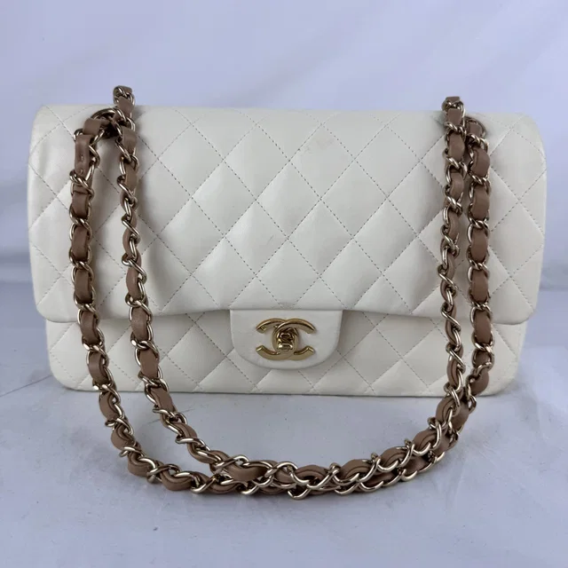 Chanel Classic Medium Double Flap Off White Bag in White Metal, quilted lambskin from Reowned