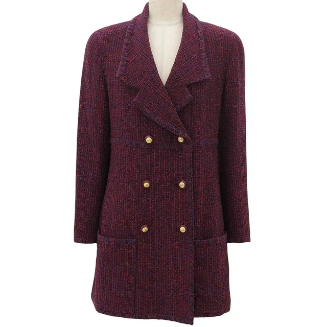 Chanel 1993 Tweed CC Mark Button Double-Breasted Jacket #38 Bordeaux/Purple in Burgundy Tweed from VINTAGE QOO TOKYO