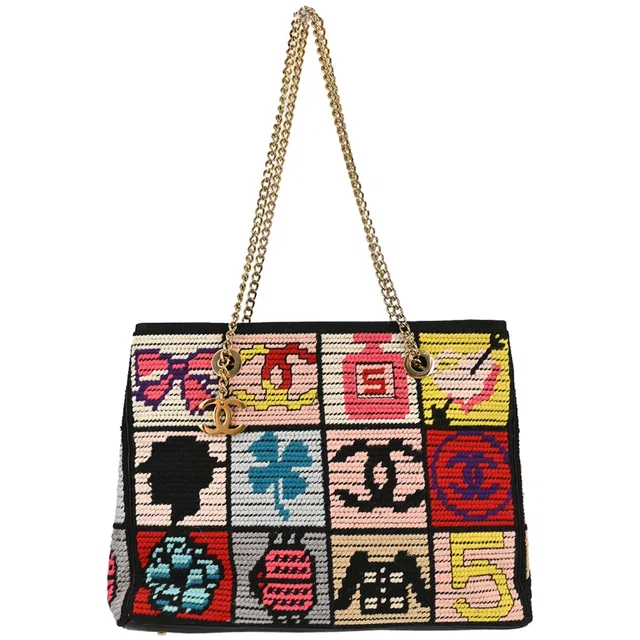 Chanel 2003-2004 Black Canvas Precious Symbols Needlepoint Tote Handbag in Black Canvas from AMORE Vintage Tokyo