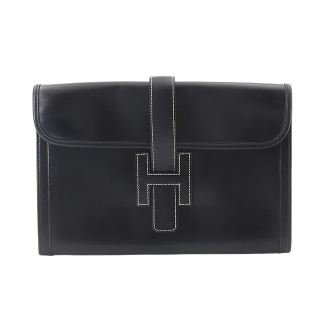 Hermès Jige PM Clutch Box Calf Black in Black Box leather from The Reluxe