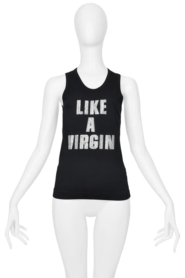 Dolce & Gabbana Rhinestone "Like A Virgin" Black Tank Top in Black Denim from Resurrection Vintage