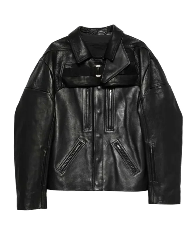 Rick Owens Long-sleeve leather jacket in Cowhide 100% Details: Other Description: Designed with a notched collar and multiple zipper details, accented by a webbing…, photo 1 of 1