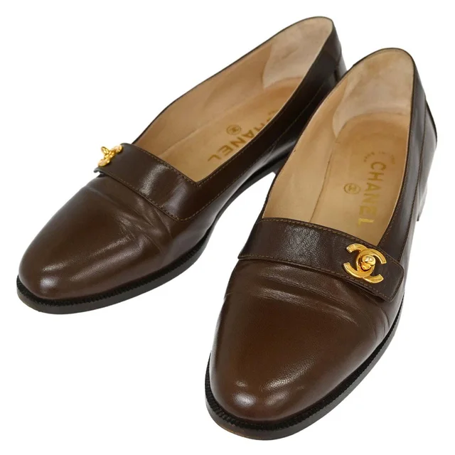 Chanel CC Turnlock Brown Leather Loafers Shoes #37 in Brown Leather from AMORE Vintage Tokyo