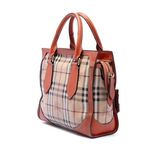 Beige Burberry Small Haymarket Check Coated Canvas Honeywood Tote Satchel in Beige Coated canvas from Designer Revival, photo 2 of 6