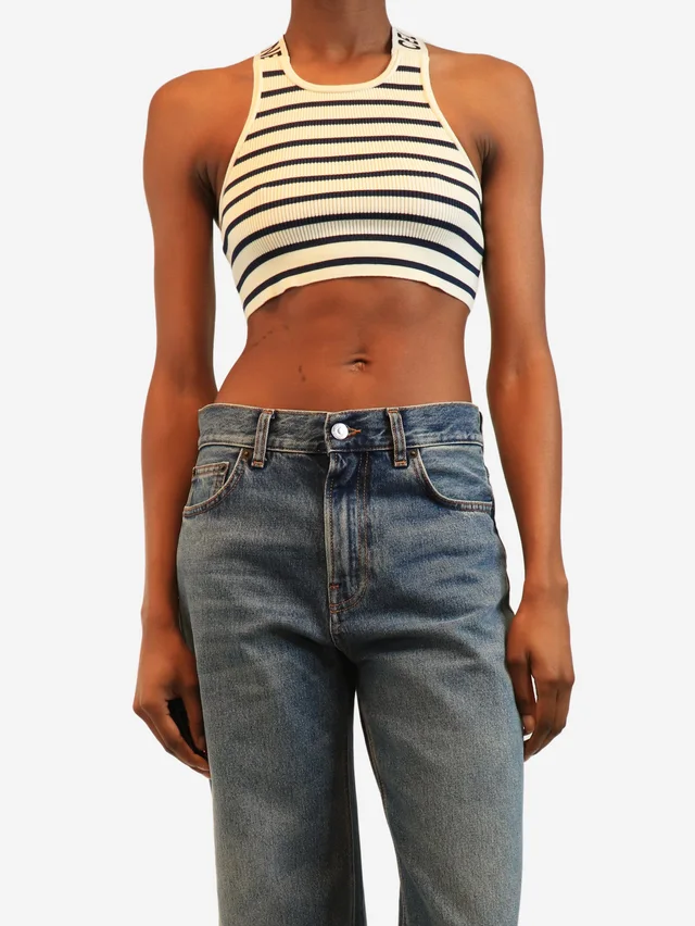 Celine Cream and navy striped athletic-rib crop top - size S in White from Sign of the Times
