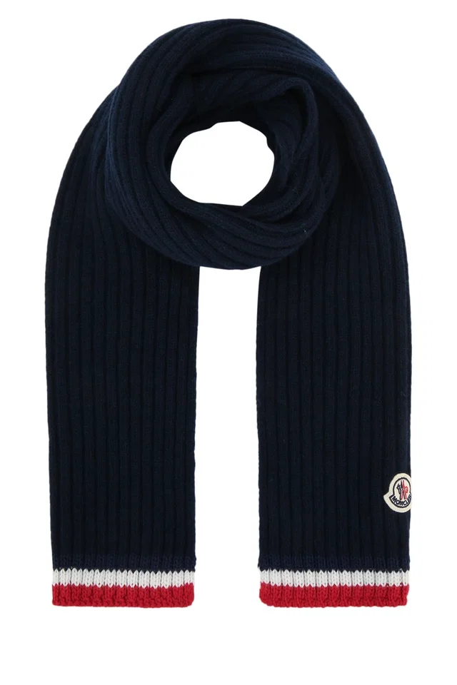 Moncler Ribbed Wool-Blend Scarf — Navy Mixed Fibres Scarfs in Navy Wool from HEWI