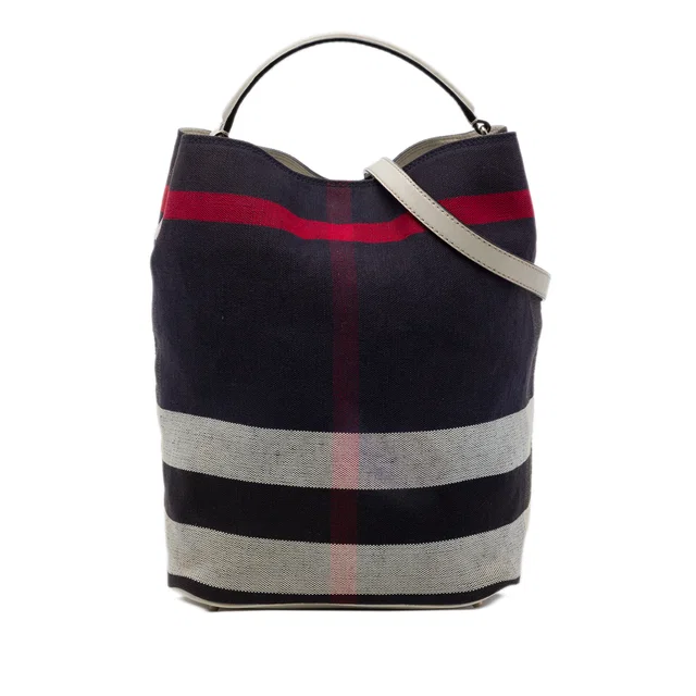 Blue Burberry Medium Mega Check Canvas Ashby Bucket Bag Satchel in Blue Canvas from Designer Revival