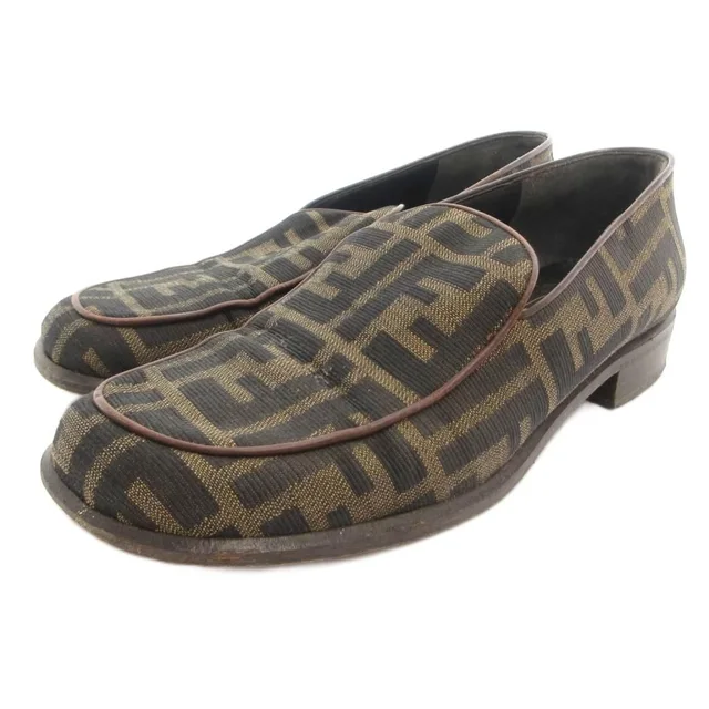 Fendi Loafers Shoes Zucca Pattern Canvas Square Toe Brown Black in Black Canvas from The Reluxe