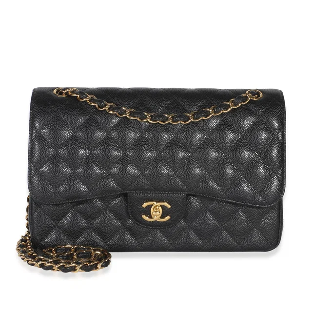 Chanel Black Quilted Caviar Jumbo Double Flap Bag in Black Caviar leather from myGemma