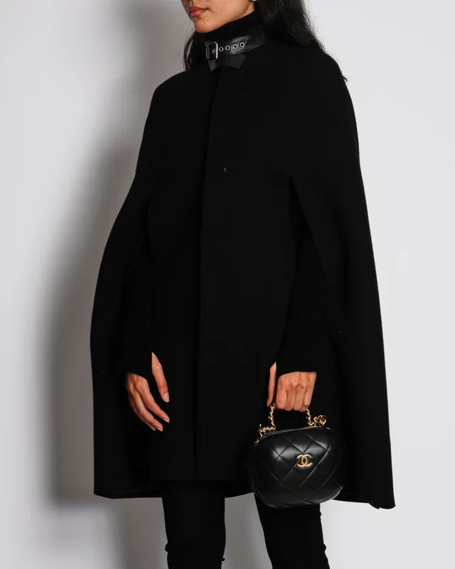 Saint Laurent Black Wool Cape with Leather Buckle Collar Detail Size FR 36 (UK 8) in Black Wool from Sellier