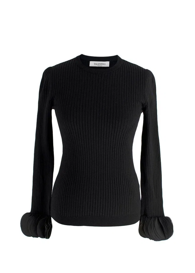 Valentino Garavani Black Silk Georgette-Trimmed Ribbed Stretch-Knit Sweater in Black Silk from HEWI