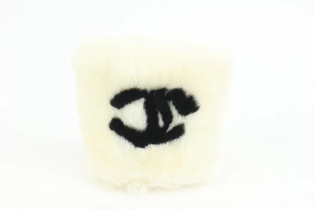Chanel White x Black CC Rabbit Fur Wrist Band Bracelet in Black from Bagriculture
