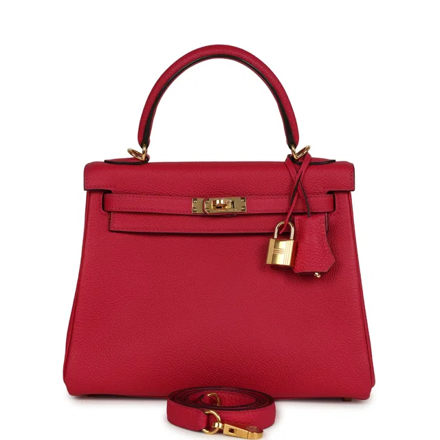 Hermès Kelly Retourne 25 Framboise Togo Gold Hardware in Togo leather from Madison Avenue Couture