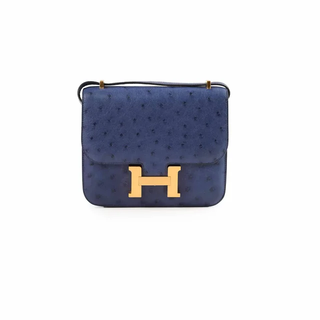 Hermès 18 Constance Bleu Saphir Ostrich Z Stamp in Blue Ostrich from The Purse Affair
