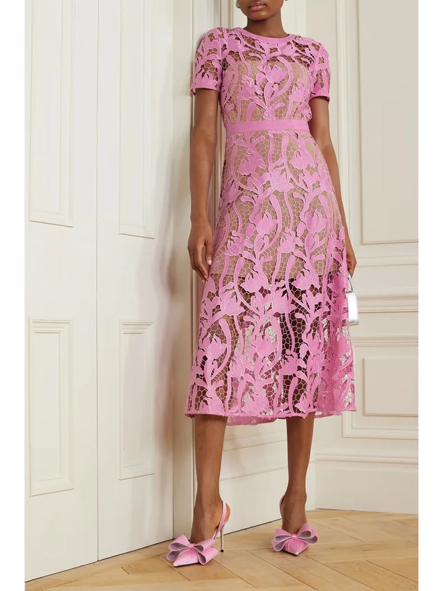 SELF-PORTRAIT Grosgrain-trimmed embroidered satin and guipure lace midi dress in Pink, photo 2 of 2 from NET-A-PORTER (Canada)