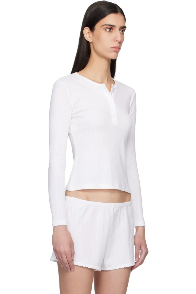 LESET White Pointelle Long Sleeve Henley, photo 2 of 2 from SSENSE