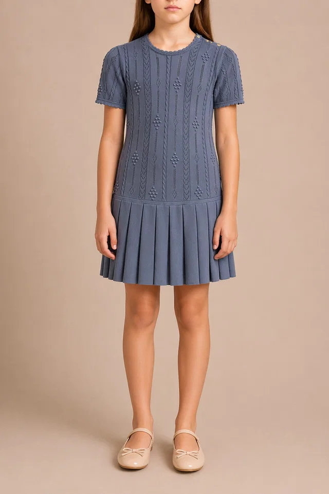 Gucci Kids Light Blue Knit Short-Sleeved Dress with Pleated Skirt Size 10 years in Blue from Sellier