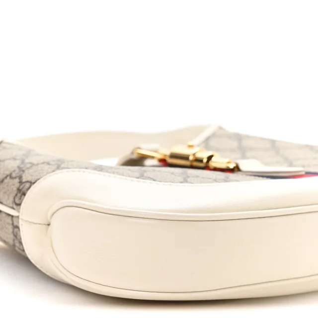 Gucci GG Supreme Monogram Azalea Calfskin Web Small Jackie 1961 Hobo Beige Ebony Mystic White in White Calfskin from FASHIONPHILE, photo 9 of 10