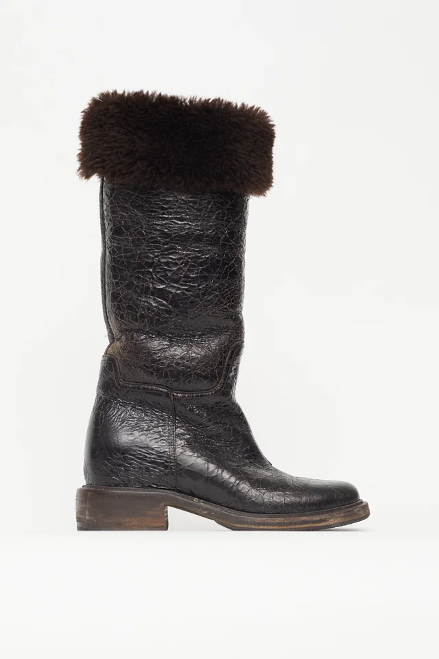 Chanel Crackled Leather Fur Trim Boot in Leather from VSP Consignment