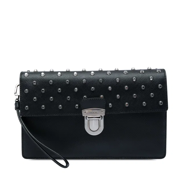 Black Prada Studded Saffiano Push Lock Wristlet Clutch in Black Saffiano leather from Designer Revival