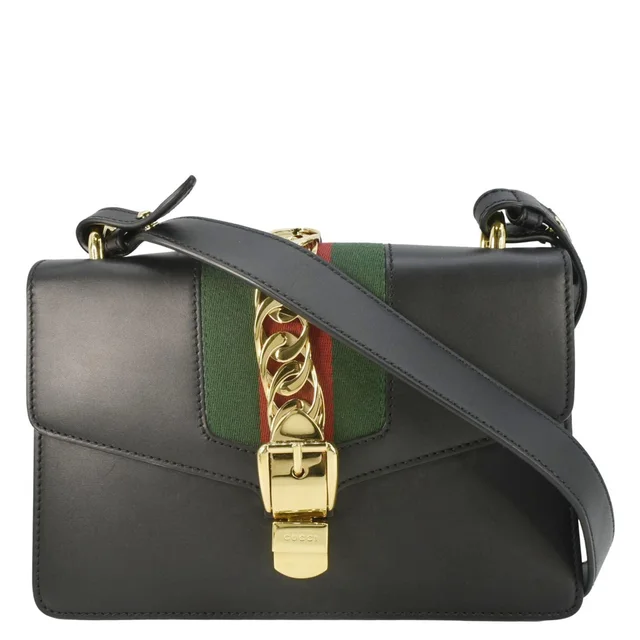 Gucci Sylvie Small Web Leather Shoulder Bag Black 421882 in Black Leather from Dallas Designer Handbags