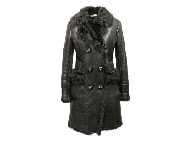 Charcoal Prada 2009 Patent Shearling Double-Breasted Coat Size IT 42 in Patent leather from Designer Revival