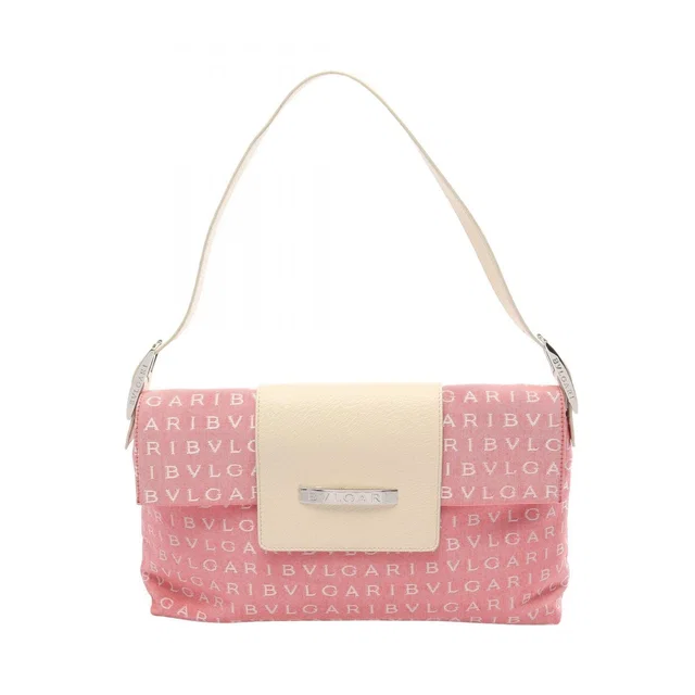 Bvlgari Shoulder Bag Logo Mania Pink White Canvas Leather in White Canvas from The Reluxe