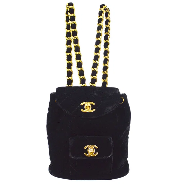 Chanel 1990s Duma Chain Backpack Small Black Velvet in Black Velvet from AMORE Vintage Tokyo